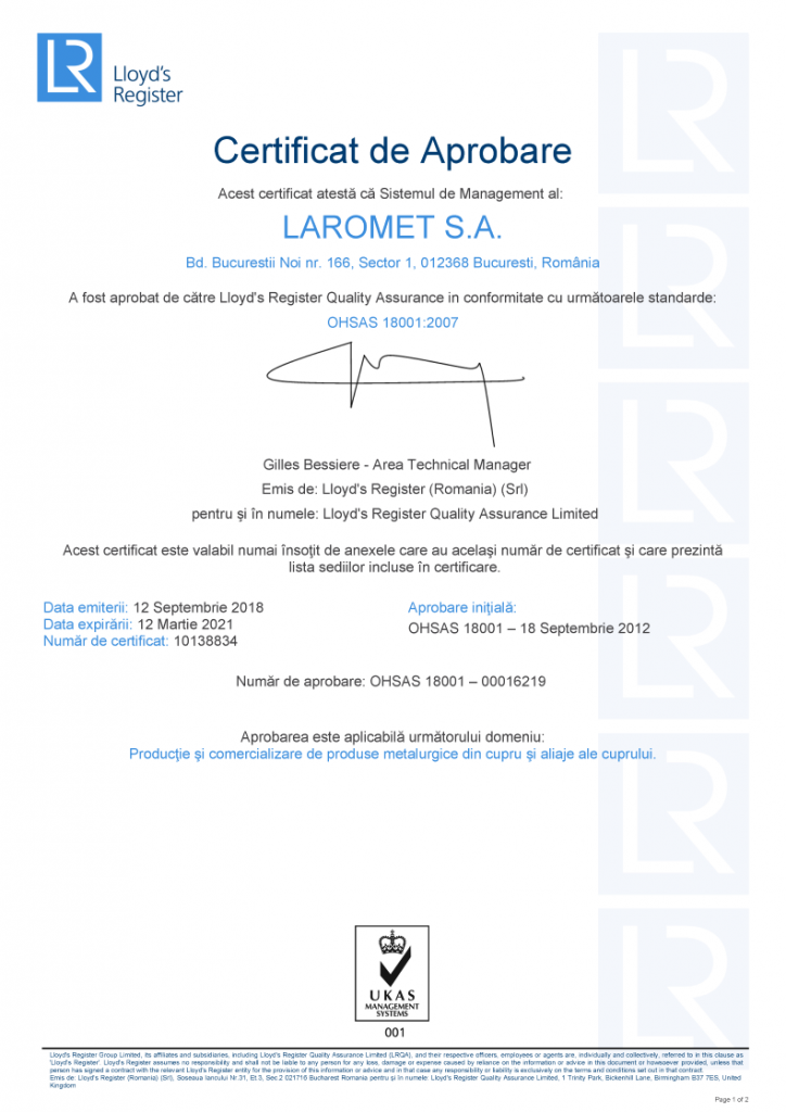 certificat-OHSAS-laromet-724x1024